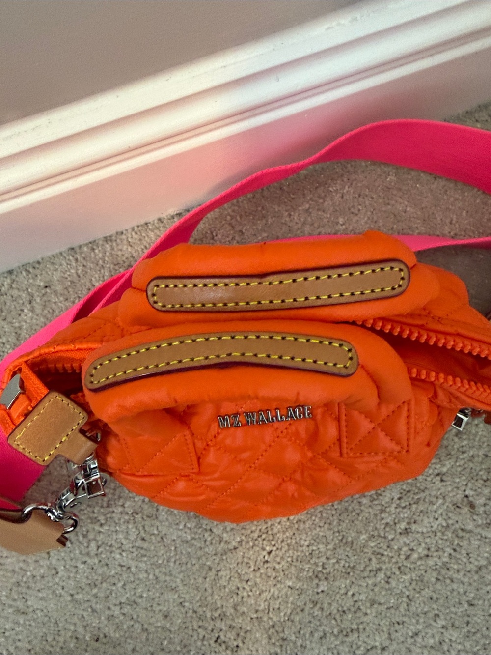 Bright Orange Quilted MZ Wallace Mini Bag with Hot Pink/ and Orange Strap - Picture 4 of 9
